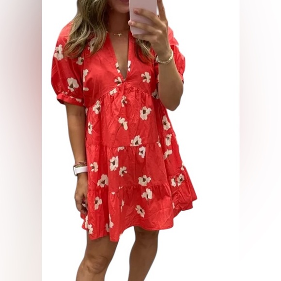 Universal Thread Floral Puff Sleeve V-Neck Tiered Babydoll Flowy Sun Dress - Picture 1 of 12